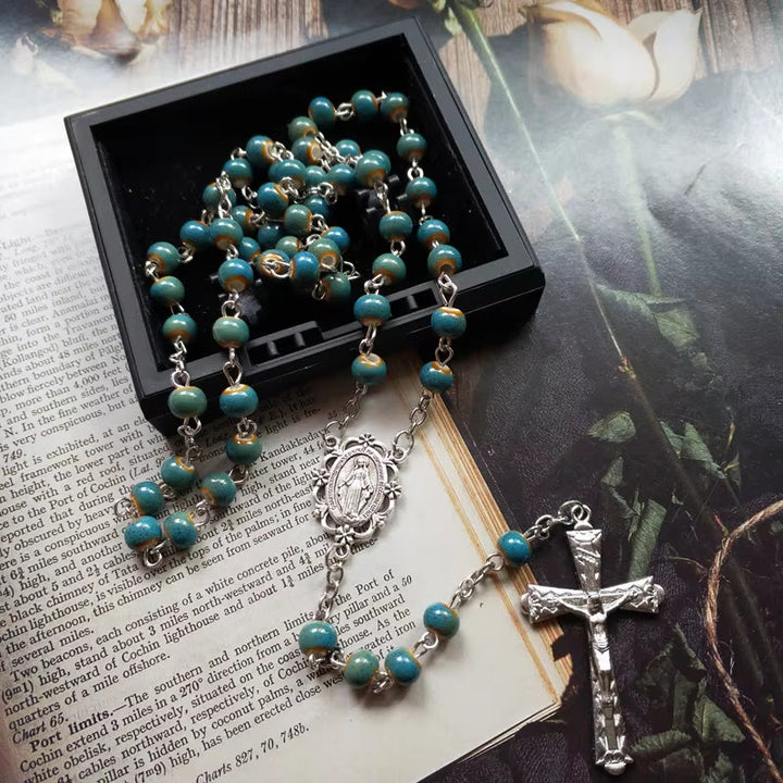 Christianartworkshop Miraculous Medal & Crucifix of 6 mm Round Blue Ceramic Alloy Chain Rosary