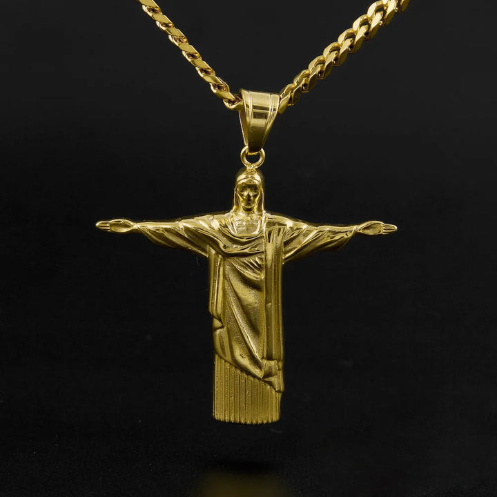 Christianartworkshop Classic Style Majestic Golden Finish Christ the Redeemer Pendant Necklace