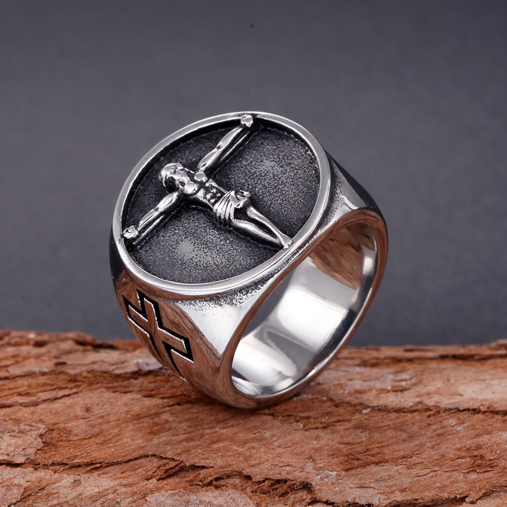 Christianartworkshop Classic Retro Style Jesus Cross Crucifix Symbol Blessed Faith Ring - US 13 - image 0