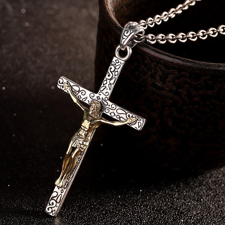 Christianartworkshop Modern Style Sterling Silver Ornate Two-Tone Crucifix Faith Pendant Necklace