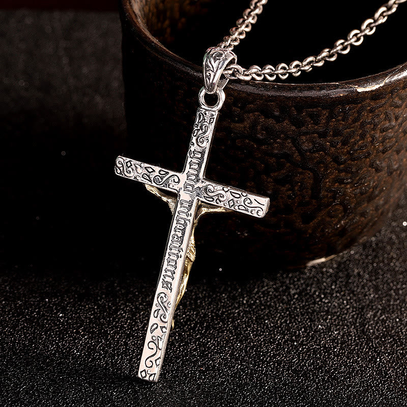 Christianartworkshop Modern Style Sterling Silver Ornate Two-Tone Crucifix Faith Pendant Necklace