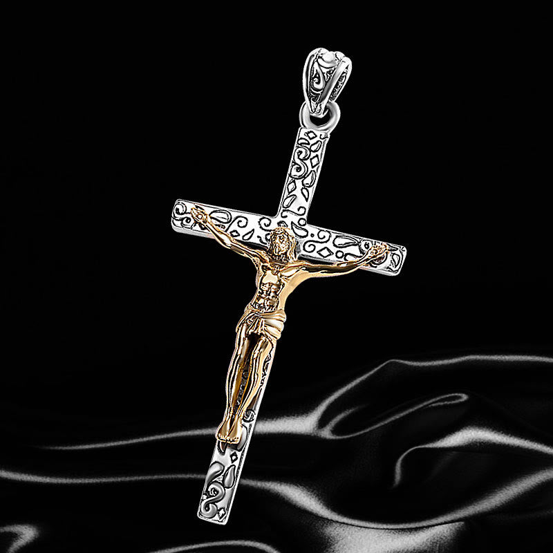 Christianartworkshop Modern Style Sterling Silver Ornate Two-Tone Crucifix Faith Pendant Necklace