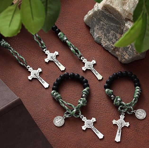 Christianartworkshop St. Benedict Medal & Crucifix of 10 mm Round Black Wood Green Paracord Pocket Rosary