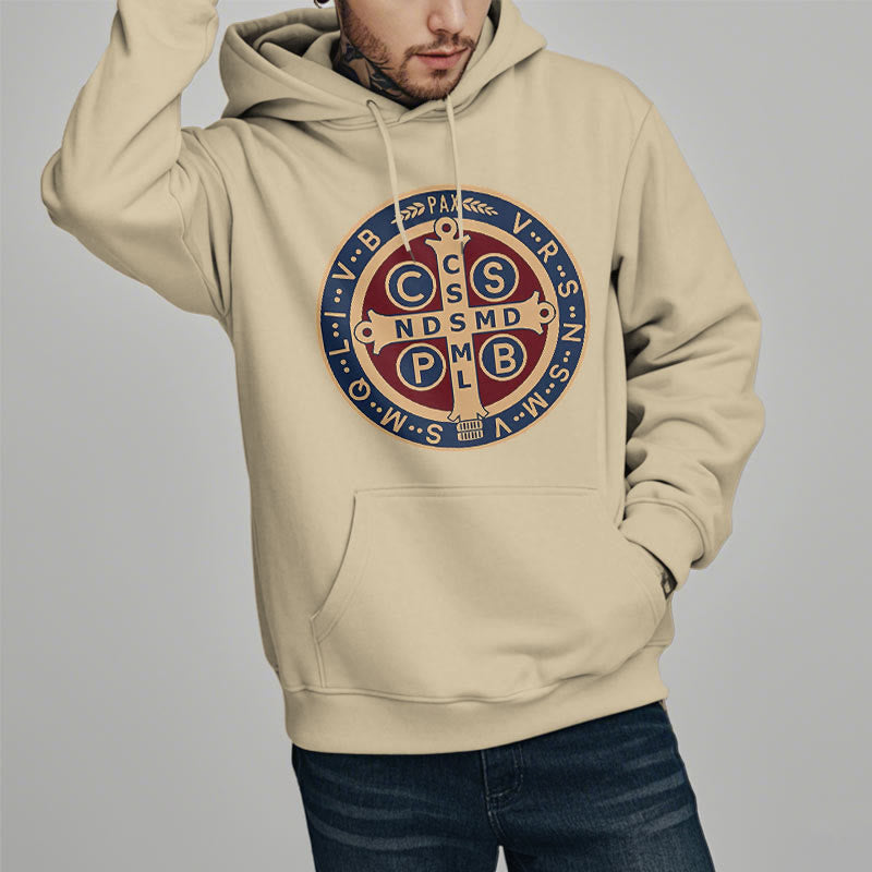 Christianartworkshop Classic Colored Style St. Benedict Protector Fleece Lined Polyester Hoodie