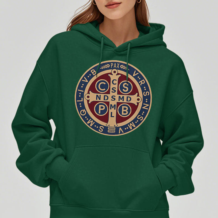 Christianartworkshop Classic Colored Style St. Benedict Protector Fleece Lined Polyester Hoodie