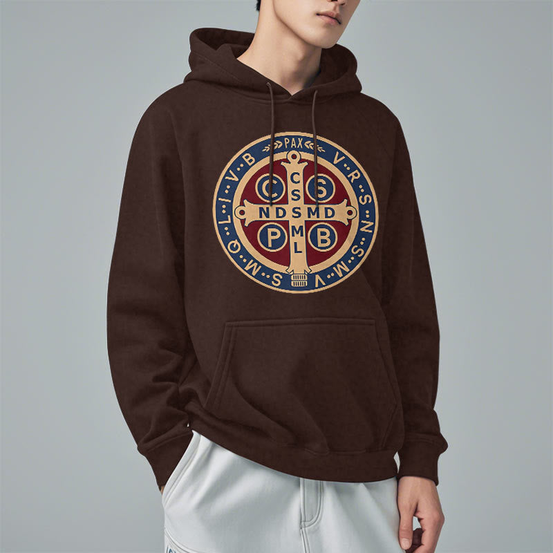 Christianartworkshop Classic Colored Style St. Benedict Protector Fleece Lined Polyester Hoodie