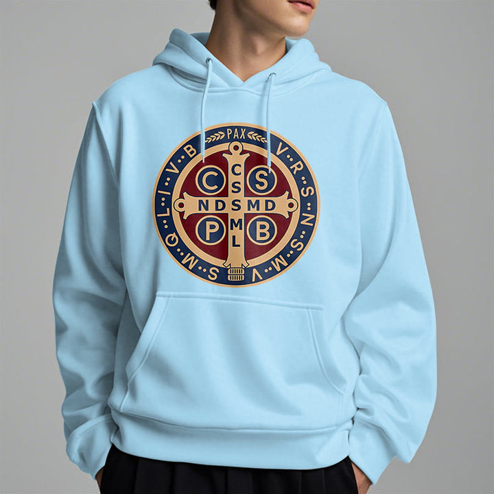 Christianartworkshop Classic Colored Style St. Benedict Protector Fleece Lined Polyester Hoodie
