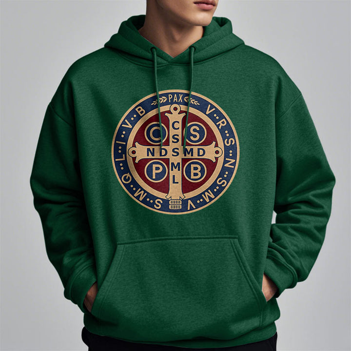 Christianartworkshop Classic Colored Style St. Benedict Protector Fleece Lined Polyester Hoodie