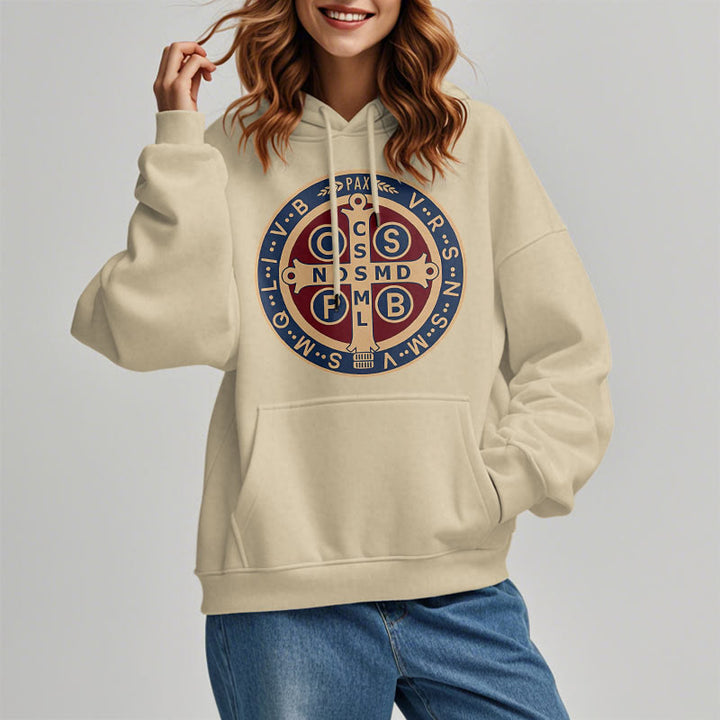Christianartworkshop Classic Colored Style St. Benedict Protector Fleece Lined Polyester Hoodie