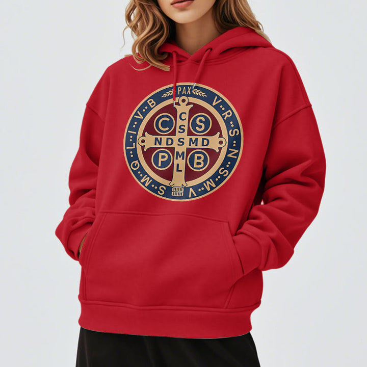 Christianartworkshop Classic Colored Style St. Benedict Protector Fleece Lined Polyester Hoodie