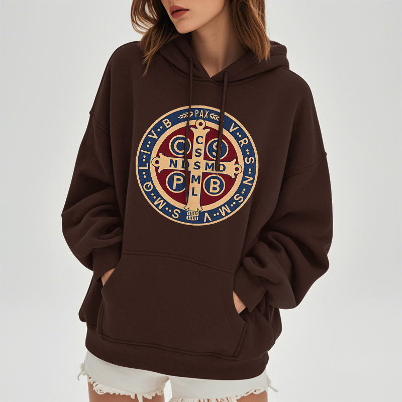Christianartworkshop Classic Colored Style St. Benedict Protector Fleece Lined Polyester Hoodie