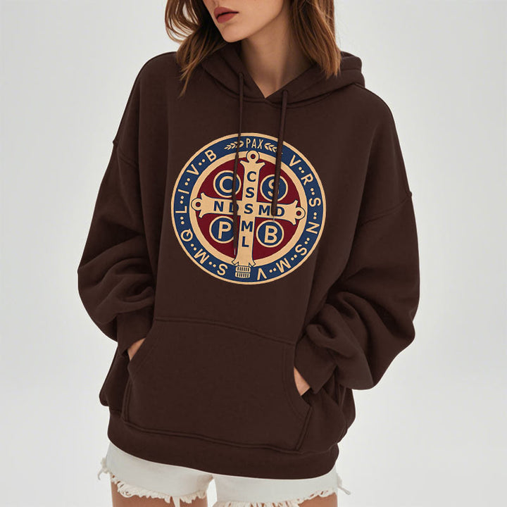 Christianartworkshop Classic Colored Style St. Benedict Protector Fleece Lined Polyester Hoodie
