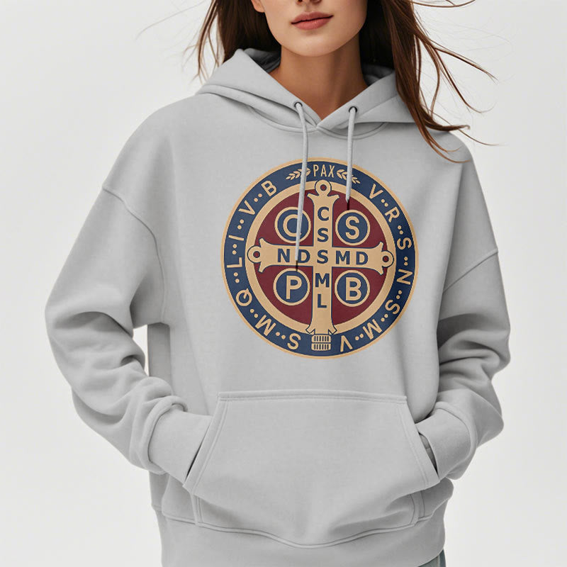 Christianartworkshop Classic Colored Style St. Benedict Protector Fleece Lined Polyester Hoodie