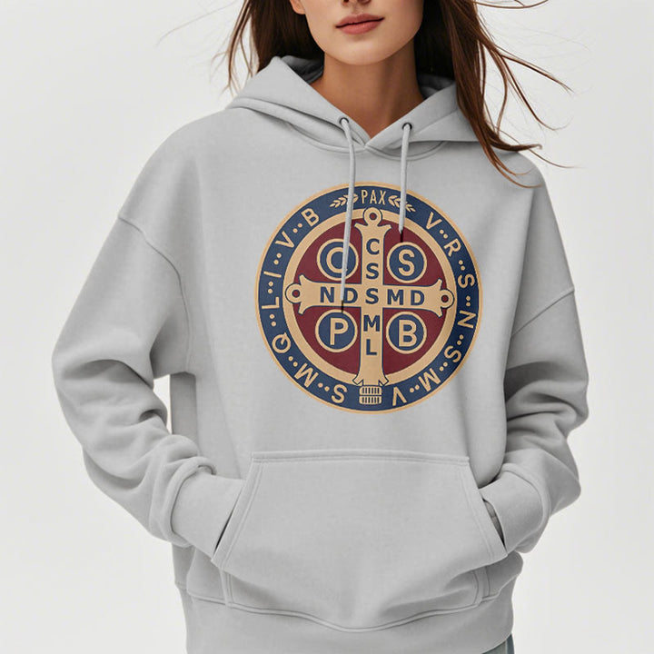 Christianartworkshop Classic Colored Style St. Benedict Protector Fleece Lined Polyester Hoodie
