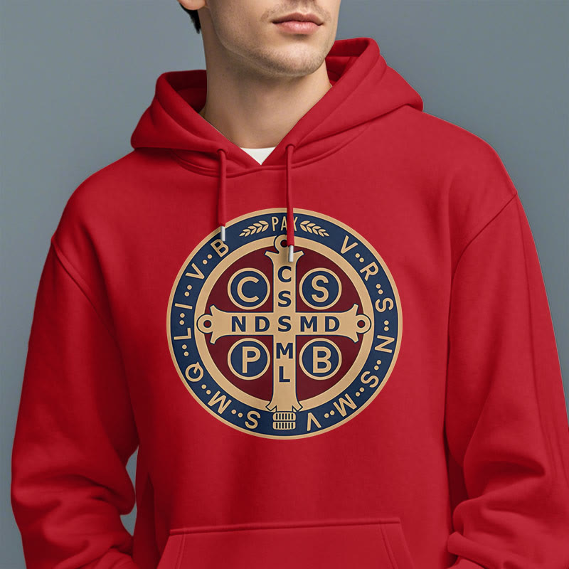 Christianartworkshop Classic Colored Style St. Benedict Protector Fleece Lined Polyester Hoodie