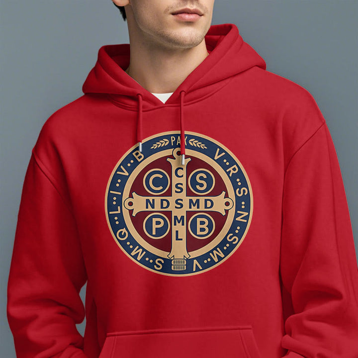 Christianartworkshop Classic Colored Style St. Benedict Protector Fleece Lined Polyester Hoodie