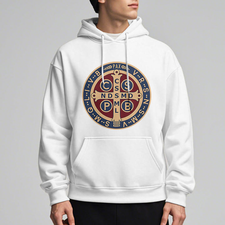 Christianartworkshop Classic Colored Style St. Benedict Protector Fleece Lined Polyester Hoodie