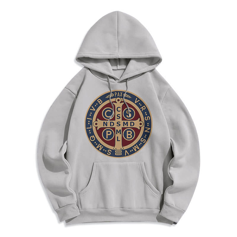 Christianartworkshop Classic Colored Style St. Benedict Protector Fleece Lined Polyester Hoodie