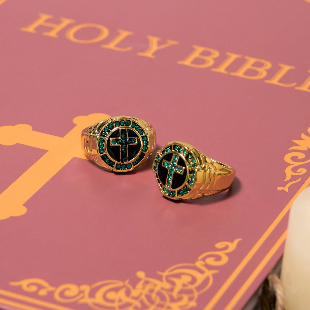 FREE Today: Christian Art Retro Style Green Gemstones Cross Golden Alloy Ring