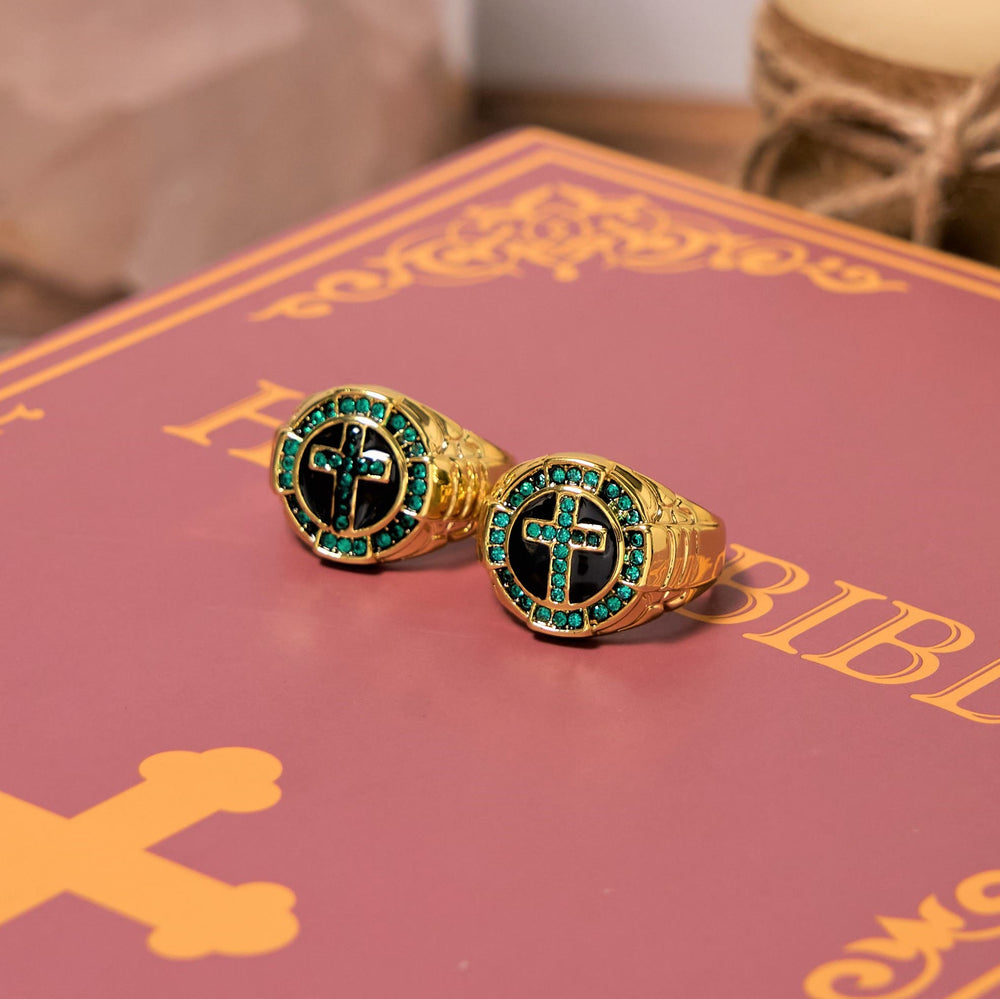Christianartworkshop Retro Style Green Gemstones Cross Golden Alloy Ring - image 1