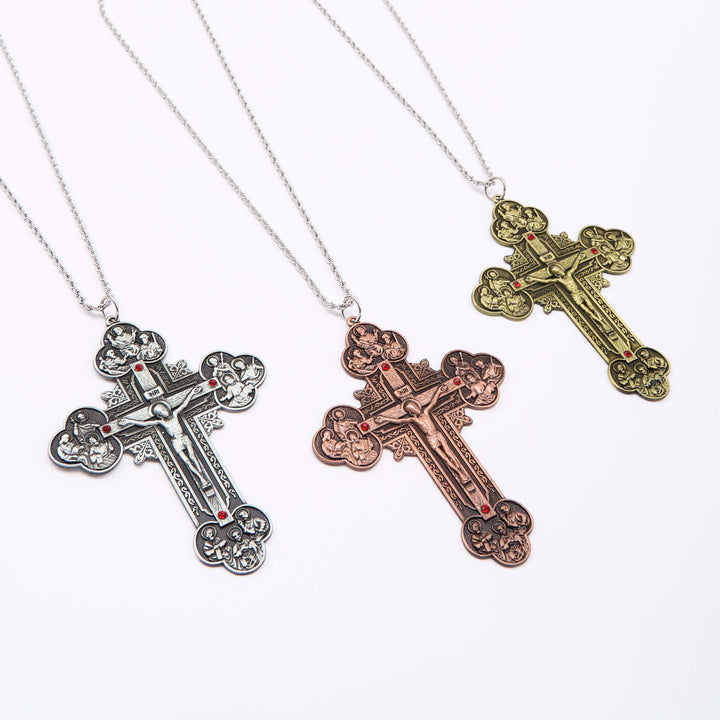 FREE Today: Classic Style Ornate Crucifix with All Saint Iconography & Red Gems Accents Pendant Necklace