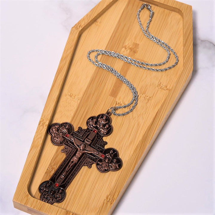 FREE Today: Classic Style Ornate Crucifix with All Saint Iconography & Red Gems Accents Pendant Necklace