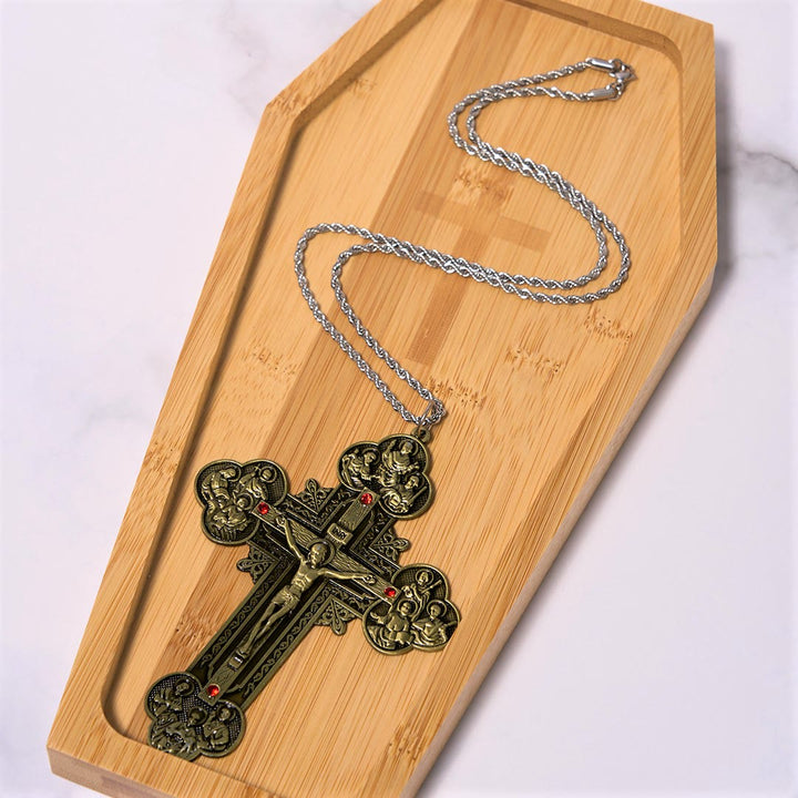 FREE Today: Classic Style Ornate Crucifix with All Saint Iconography & Red Gems Accents Pendant Necklace