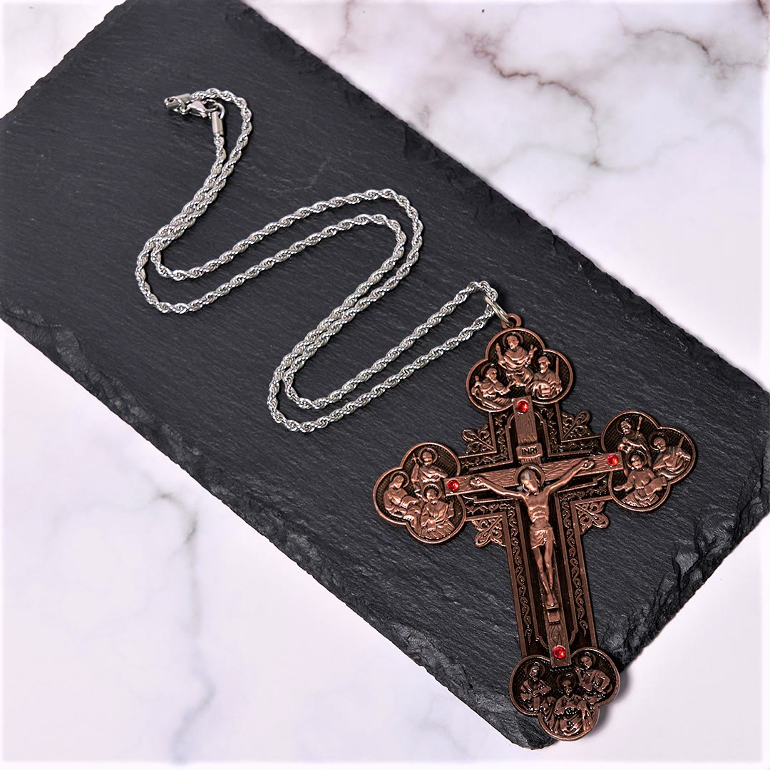 FREE Today: Classic Style Ornate Crucifix with All Saint Iconography & Red Gems Accents Pendant Necklace