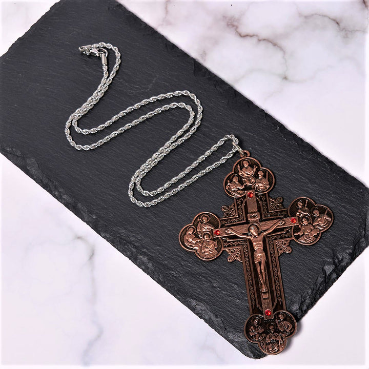 Christianartworkshop Classic Style Ornate Crucifix with All Saint Iconography & Red Gems Accents Pendant Necklace