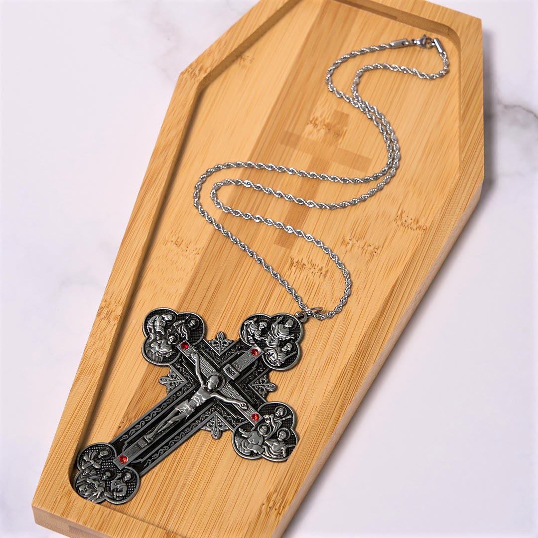 Christianartworkshop Classic Style Ornate Crucifix with All Saint Iconography & Red Gems Accents Pendant Necklace