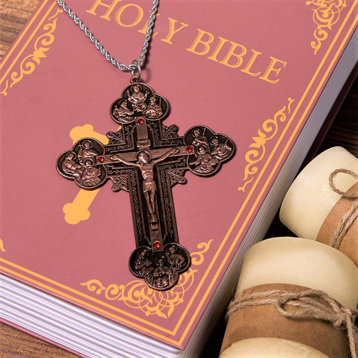 FREE Today: Classic Style Ornate Crucifix with All Saint Iconography & Red Gems Accents Pendant Necklace