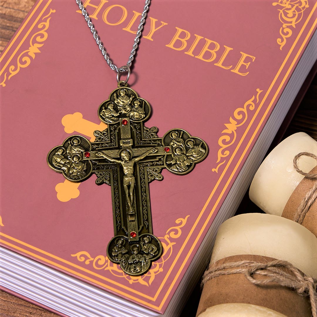 FREE Today: Classic Style Ornate Crucifix with All Saint Iconography & Red Gems Accents Pendant Necklace