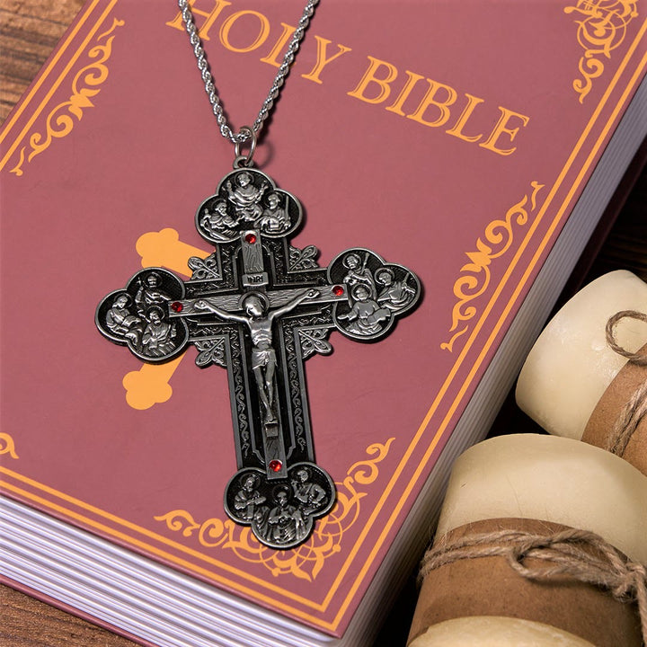 Christianartworkshop Classic Style Ornate Crucifix with All Saint Iconography & Red Gems Accents Pendant Necklace