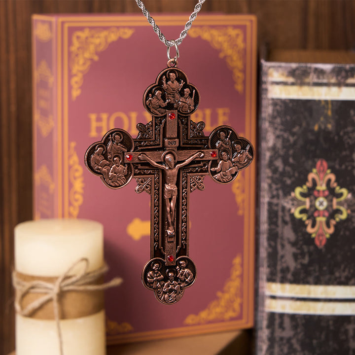 FREE Today: Classic Style Ornate Crucifix with All Saint Iconography & Red Gems Accents Pendant Necklace