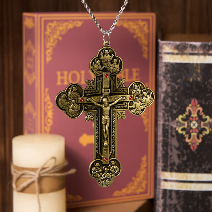 FREE Today: Classic Style Ornate Crucifix with All Saint Iconography & Red Gems Accents Pendant Necklace