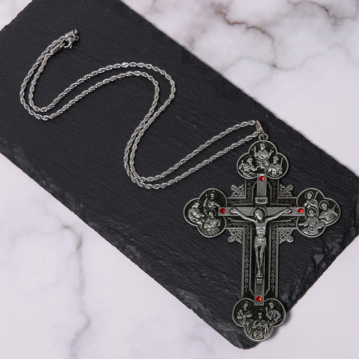 Christianartworkshop Classic Style Ornate Crucifix with All Saint Iconography & Red Gems Accents Pendant Necklace