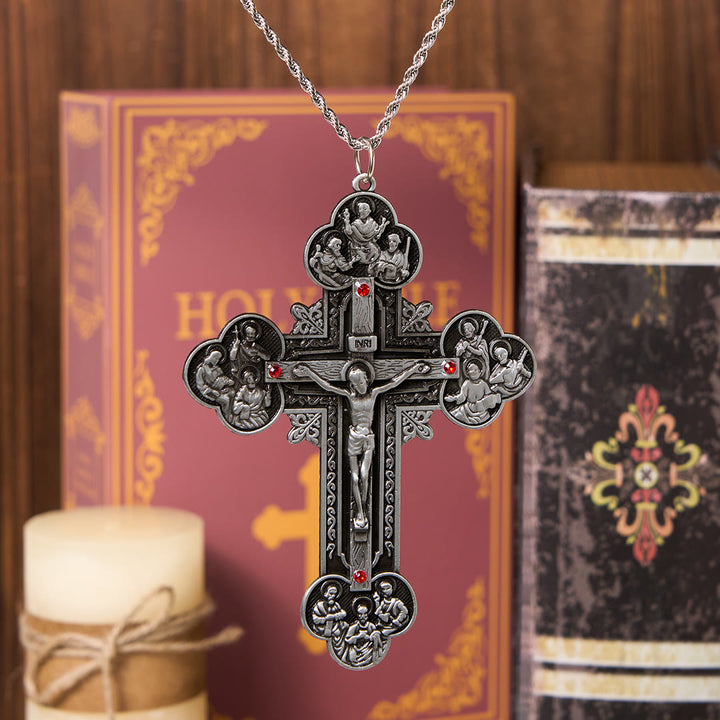 FREE Today: Classic Style Ornate Crucifix with All Saint Iconography & Red Gems Accents Pendant Necklace