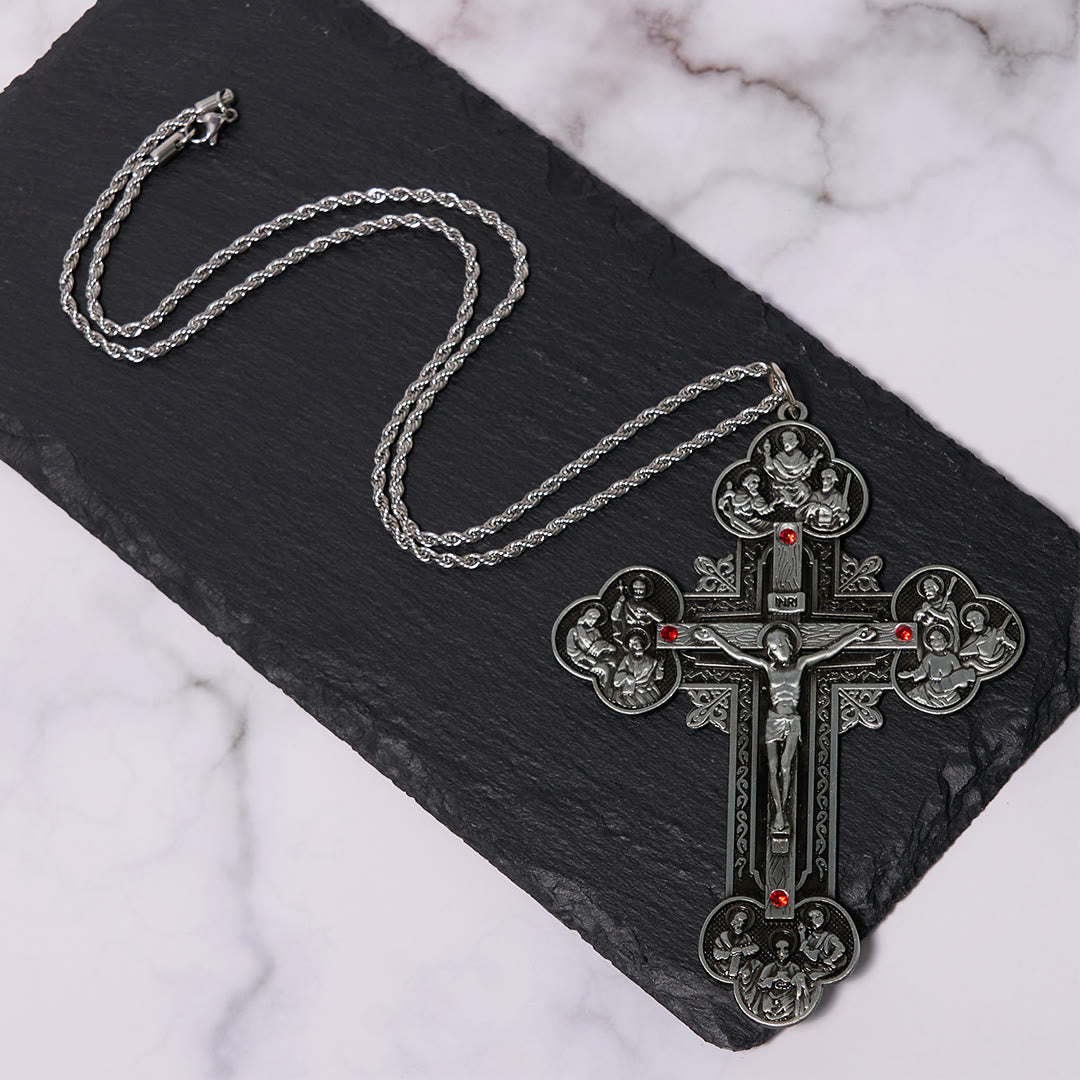 FREE Today: Classic Style Ornate Crucifix with All Saint Iconography & Red Gems Accents Pendant Necklace