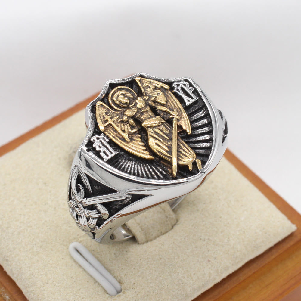 Christianartworkshop Retro Style St. Michael Guardian Angel Protection & Strength Ring - Silver-gold - US 13 - image 1