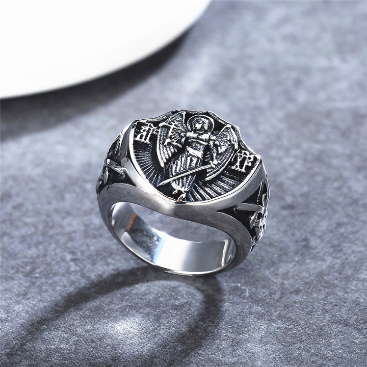 Christianartworkshop Retro Style St. Michael Guardian Angel Protection & Strength Ring