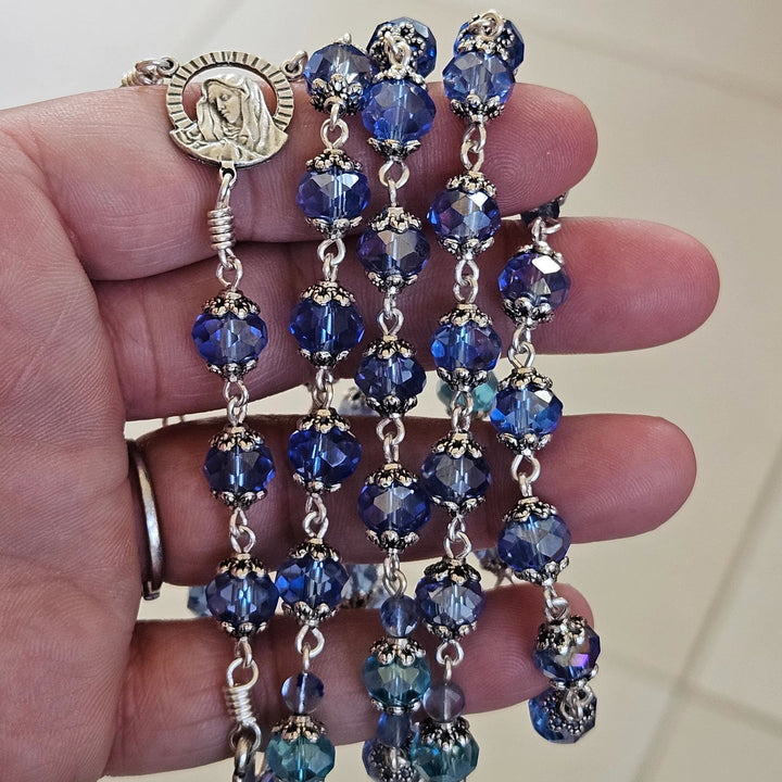 FREE Today: Virgin Mary & Crucifix of 6*8 mm Polyhedron Blue Glass Alloy Chain Rosary