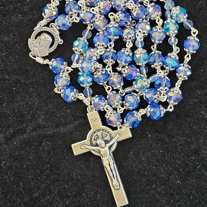 FREE Today: Virgin Mary & Crucifix of 6*8 mm Polyhedron Blue Glass Alloy Chain Rosary