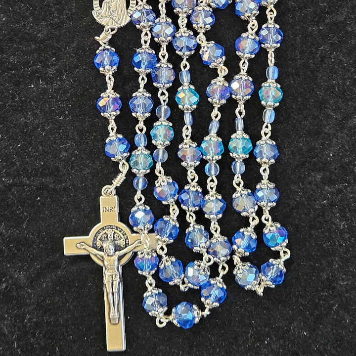 FREE Today: Virgin Mary & Crucifix of 6*8 mm Polyhedron Blue Glass Alloy Chain Rosary