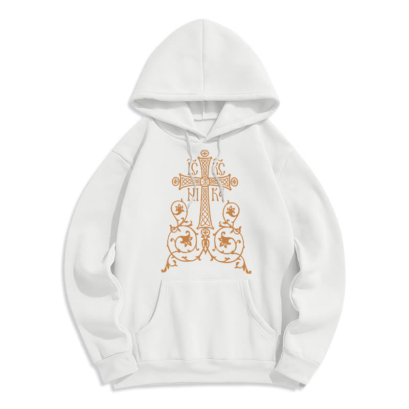 Christianartworkshop Classic Style Sacred Cross Emblem Floral Vines Fleece Lined Polyester Hoodie