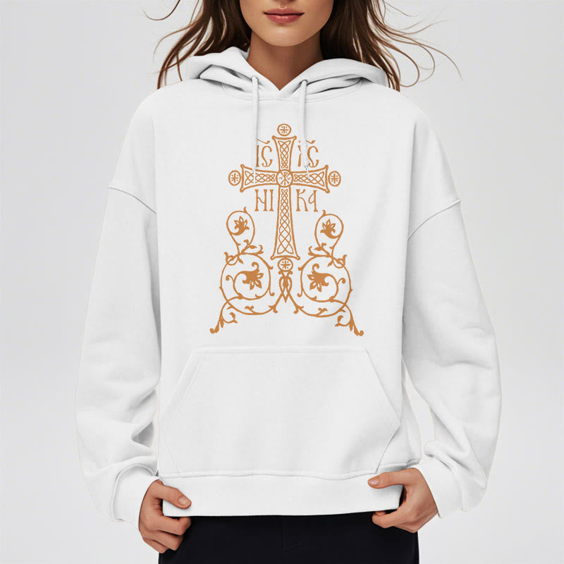 Christianartworkshop Classic Style Sacred Cross Emblem Floral Vines Fleece Lined Polyester Hoodie