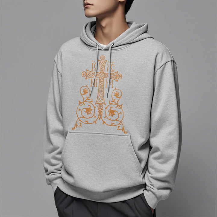 Christianartworkshop Classic Style Sacred Cross Emblem Floral Vines Fleece Lined Polyester Hoodie