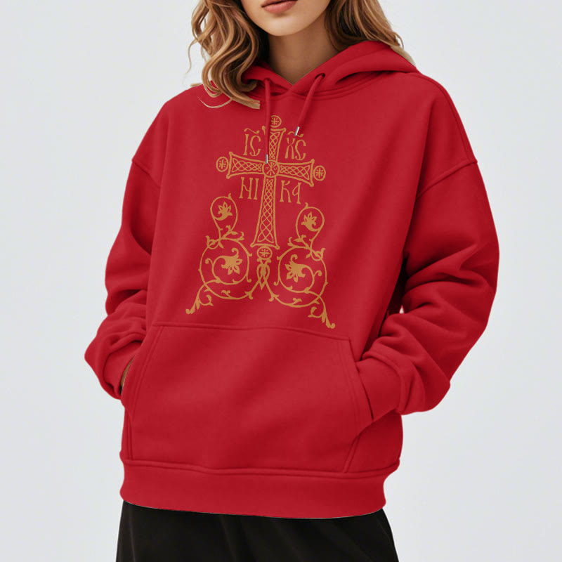 Christianartworkshop Classic Style Sacred Cross Emblem Floral Vines Fleece Lined Polyester Hoodie