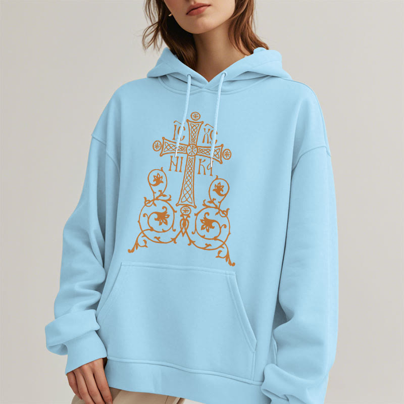 Christianartworkshop Classic Style Sacred Cross Emblem Floral Vines Fleece Lined Polyester Hoodie