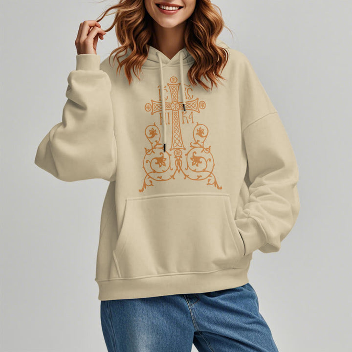 Christianartworkshop Classic Style Sacred Cross Emblem Floral Vines Fleece Lined Polyester Hoodie