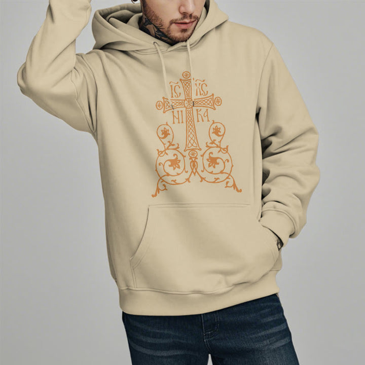 Christianartworkshop Classic Style Sacred Cross Emblem Floral Vines Fleece Lined Polyester Hoodie